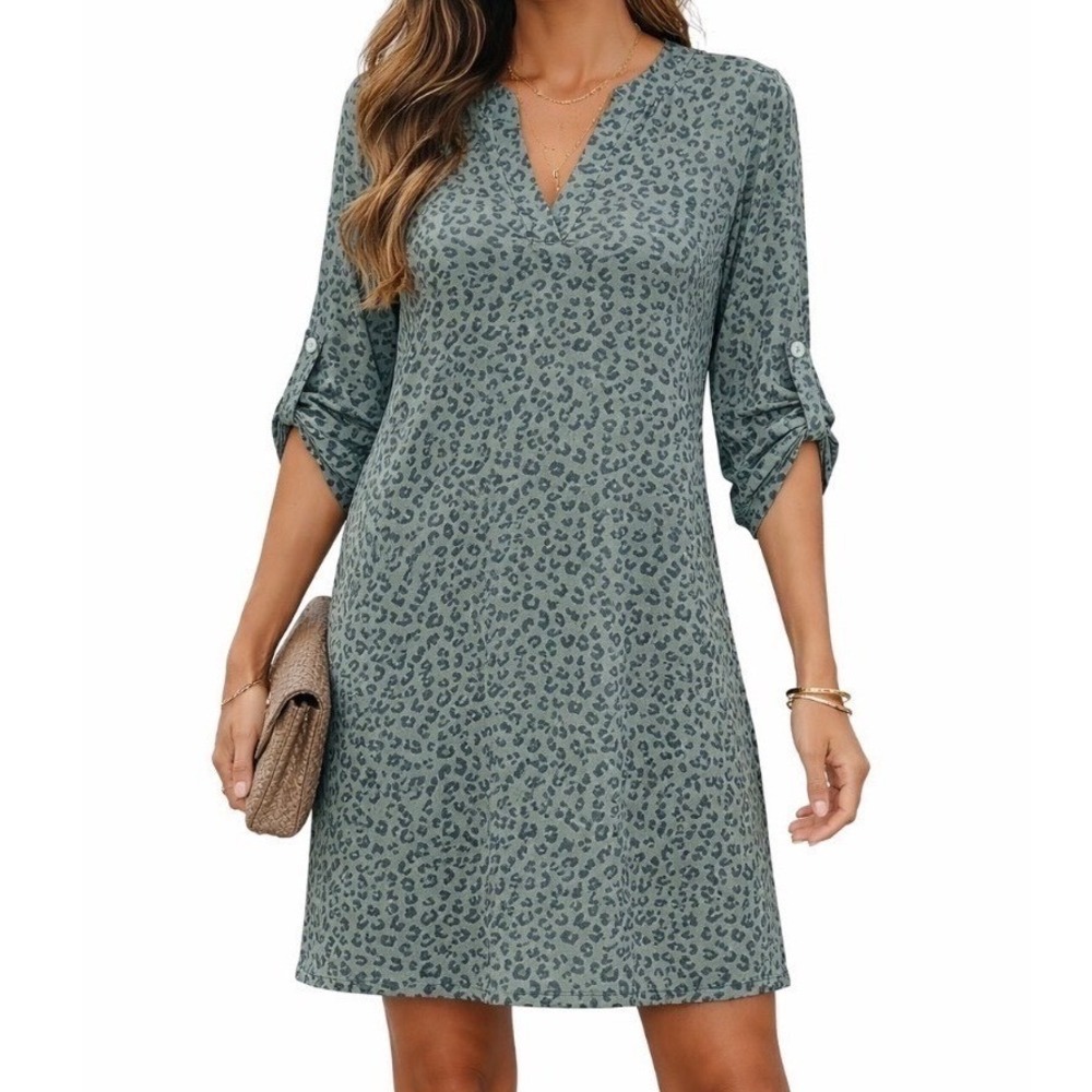 White Birch Olive Medium Green Leopard Print Roll Tab‎ Sleeve Tunic Dress